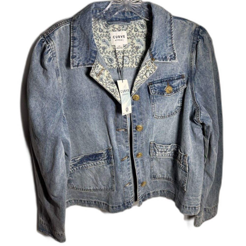 Curve Appeal boho denim Jacket Women’s L Light Wash Floral Lined Cottagecore
